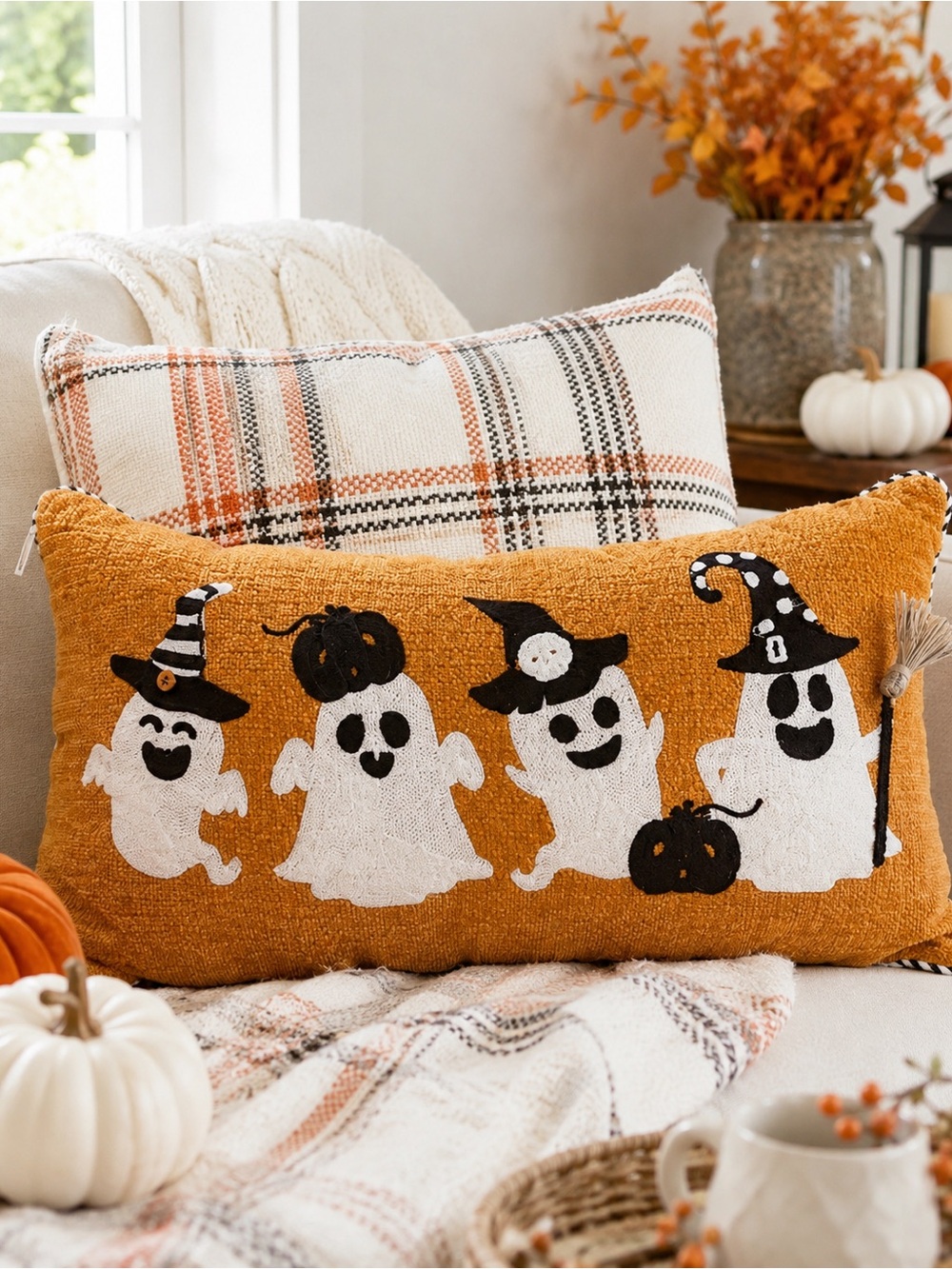 Halloween Ghost Embroidered Lumbar Throw Pillow Orange Witchy Fall Decor